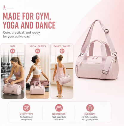 Mini Gym Bag for Women, 12-Inch Small Duffle Bag with Wet Pocket and Coin Purse, Lightweight Water-Resistant Workout Bag for Yoga, Pilates, Dance and Travel (Pink)