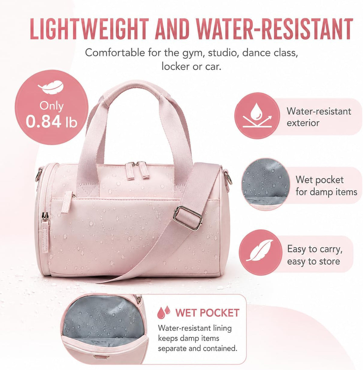 Mini Gym Bag for Women, 12-Inch Small Duffle Bag with Wet Pocket and Coin Purse, Lightweight Water-Resistant Workout Bag for Yoga, Pilates, Dance and Travel (Pink)