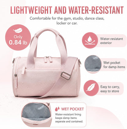 Mini Gym Bag for Women, 12-Inch Small Duffle Bag with Wet Pocket and Coin Purse, Lightweight Water-Resistant Workout Bag for Yoga, Pilates, Dance and Travel (Pink)