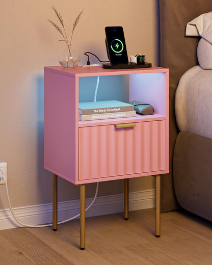 Nightstand with Charging Station and LED Lights, Modern Pink Bedside Table with Fluted Panel Drawer and Gold Legs, End Table with USB Ports & Outlets for Bedroom, Living Room