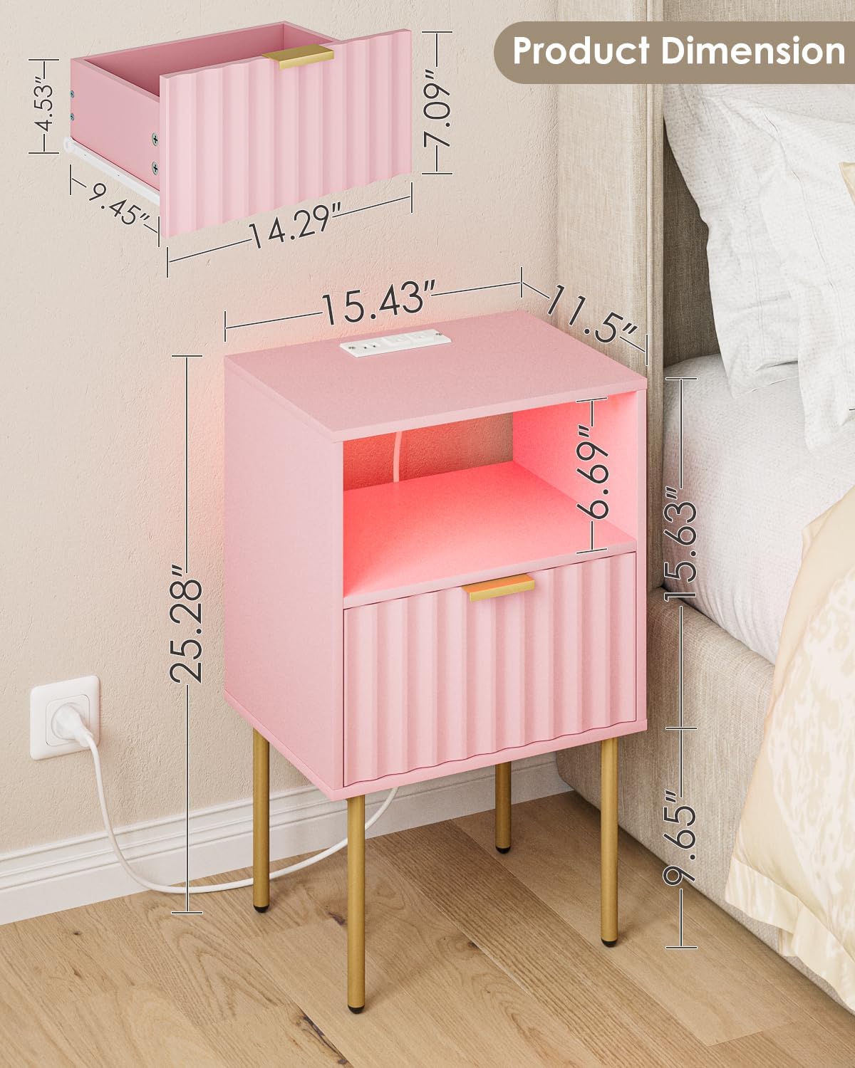 Nightstand with Charging Station and LED Lights, Modern Pink Bedside Table with Fluted Panel Drawer and Gold Legs, End Table with USB Ports & Outlets for Bedroom, Living Room