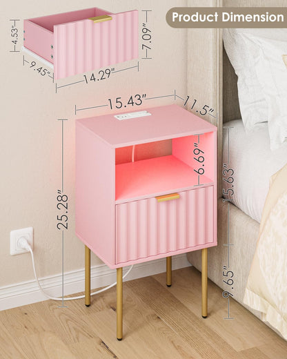 Nightstand with Charging Station and LED Lights, Modern Pink Bedside Table with Fluted Panel Drawer and Gold Legs, End Table with USB Ports & Outlets for Bedroom, Living Room