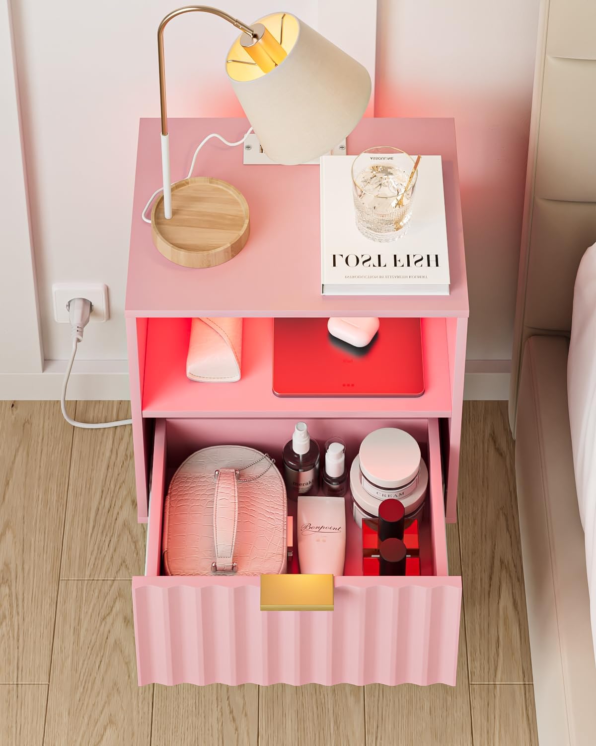Nightstand with Charging Station and LED Lights, Modern Pink Bedside Table with Fluted Panel Drawer and Gold Legs, End Table with USB Ports & Outlets for Bedroom, Living Room