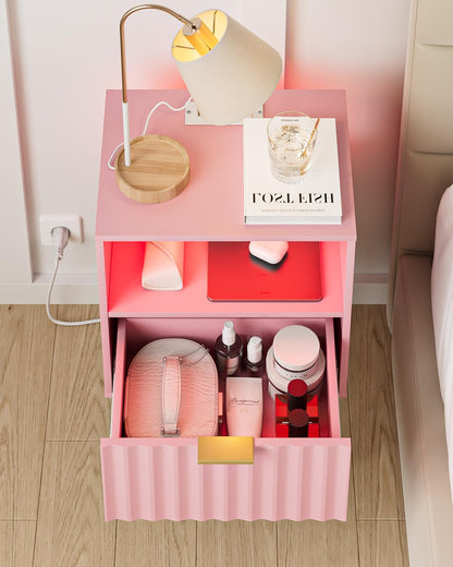 Nightstand with Charging Station and LED Lights, Modern Pink Bedside Table with Fluted Panel Drawer and Gold Legs, End Table with USB Ports & Outlets for Bedroom, Living Room