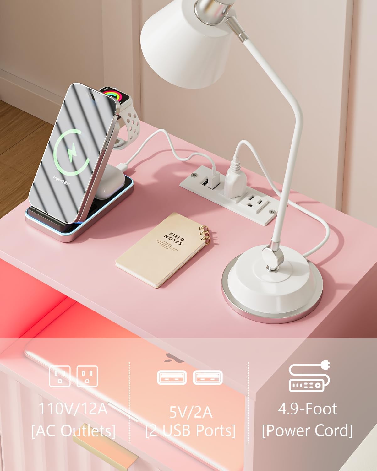 Nightstand with Charging Station and LED Lights, Modern Pink Bedside Table with Fluted Panel Drawer and Gold Legs, End Table with USB Ports & Outlets for Bedroom, Living Room