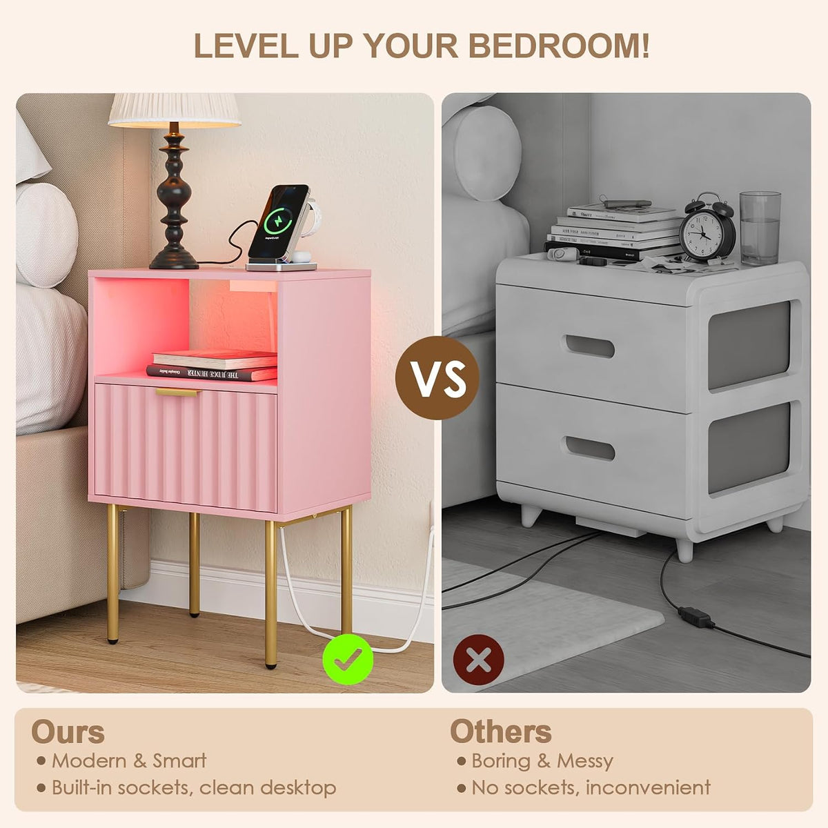 Nightstand with Charging Station and LED Lights, Modern Pink Bedside Table with Fluted Panel Drawer and Gold Legs, End Table with USB Ports & Outlets for Bedroom, Living Room