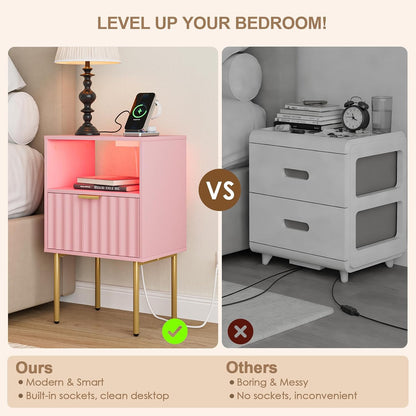 Nightstand with Charging Station and LED Lights, Modern Pink Bedside Table with Fluted Panel Drawer and Gold Legs, End Table with USB Ports & Outlets for Bedroom, Living Room