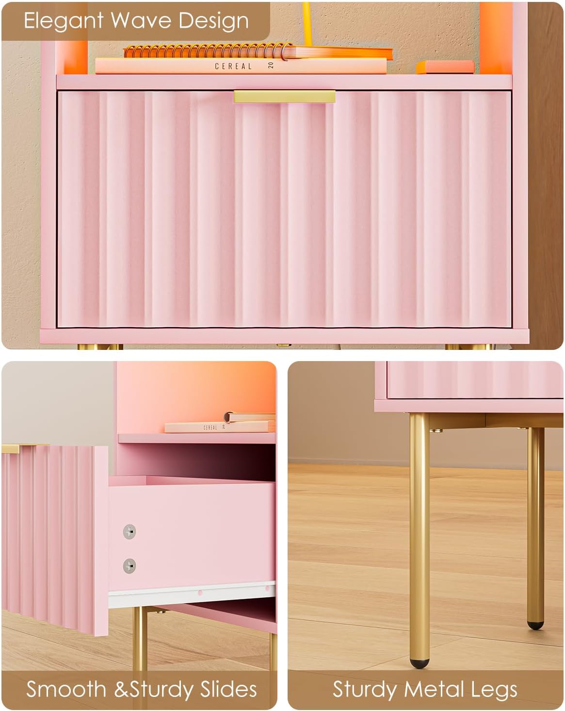 Nightstand with Charging Station and LED Lights, Modern Pink Bedside Table with Fluted Panel Drawer and Gold Legs, End Table with USB Ports & Outlets for Bedroom, Living Room