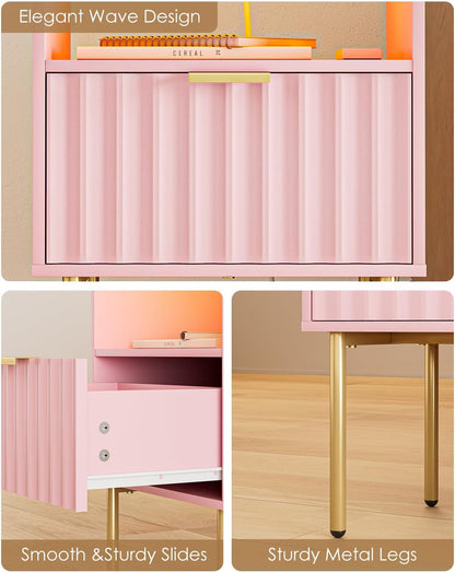 Nightstand with Charging Station and LED Lights, Modern Pink Bedside Table with Fluted Panel Drawer and Gold Legs, End Table with USB Ports & Outlets for Bedroom, Living Room