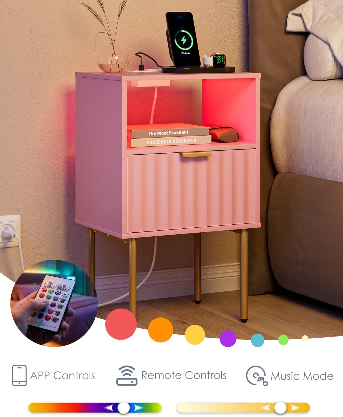 Nightstand with Charging Station and LED Lights, Modern Pink Bedside Table with Fluted Panel Drawer and Gold Legs, End Table with USB Ports & Outlets for Bedroom, Living Room