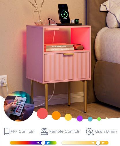 Nightstand with Charging Station and LED Lights, Modern Pink Bedside Table with Fluted Panel Drawer and Gold Legs, End Table with USB Ports & Outlets for Bedroom, Living Room