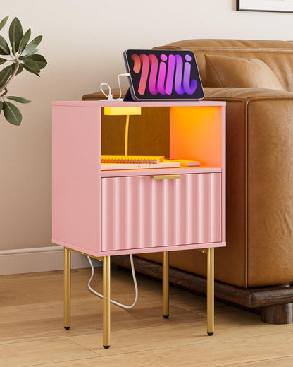 Nightstand with Charging Station and LED Lights, Modern Pink Bedside Table with Fluted Panel Drawer and Gold Legs, End Table with USB Ports & Outlets for Bedroom, Living Room