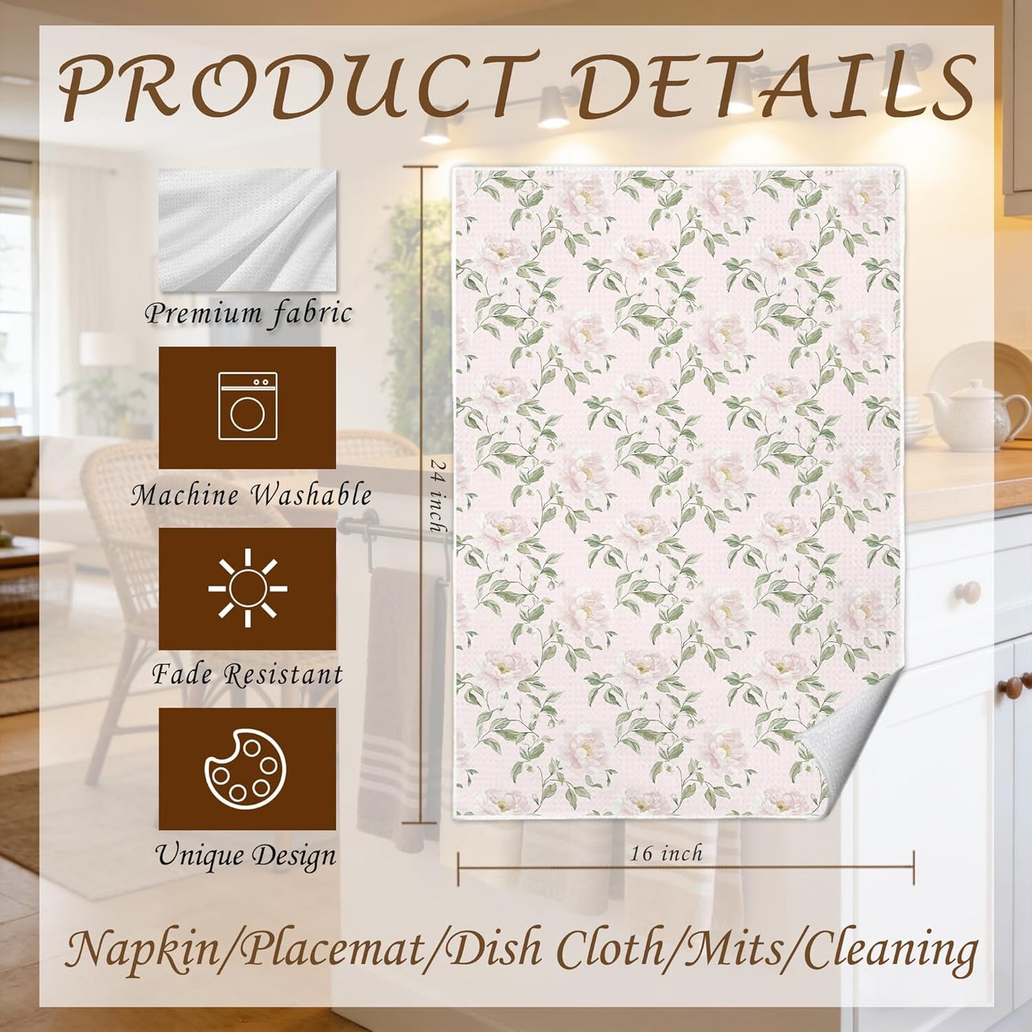 Spring Pink Peony Floral Kitchen Towels 16x24 in, Rustic Farmhouse Country Pink Flower Botanical Decorative Hand Tea Dish Towel for Girls Bathroom Kitchen
