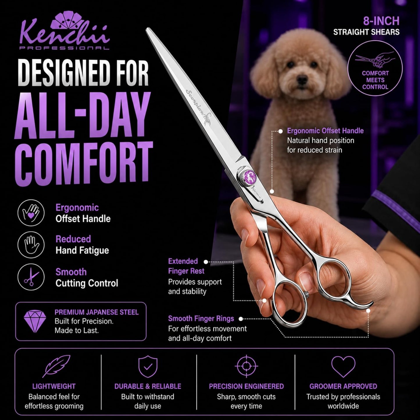 Kenchii Scorpion Dog Grooming Scissors, 8 Inch Straight Shears, Dog Scissors for Grooming, Professional Pet Grooming Scissors, Heavy Duty, Durable and Sharp