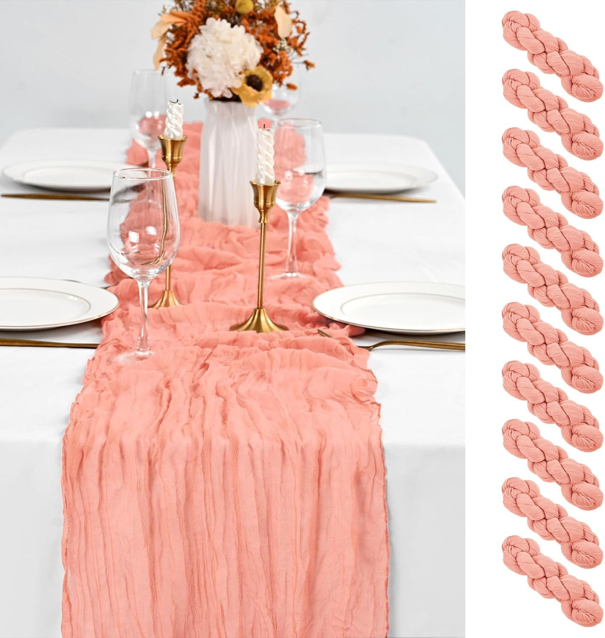 10 Pack Coral Table Runner 10Ft Cheesecloth Table Runner Boho Gauze Cheese Cloth Table Runners Romantic Long Sheer Fabric Table Runners for Wedding Party Bridal Shower