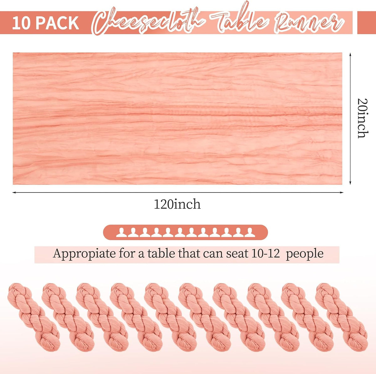 10 Pack Coral Table Runner 10Ft Cheesecloth Table Runner Boho Gauze Cheese Cloth Table Runners Romantic Long Sheer Fabric Table Runners for Wedding Party Bridal Shower