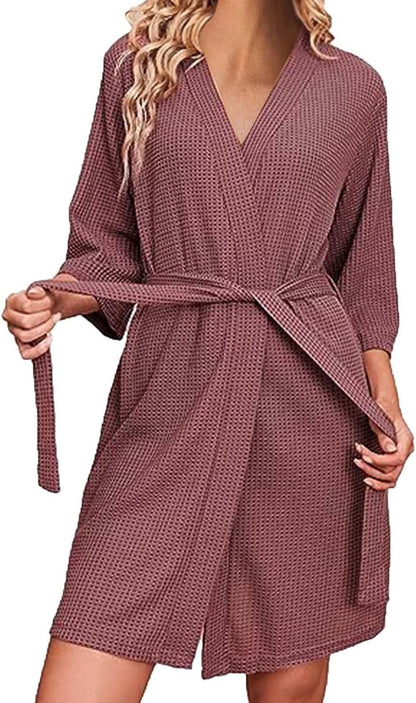 Terry Cloth Robe Women Lightweight Waffle Knit Bathrobe Soft Short Sleepwear Casual Knee Length Loungewear