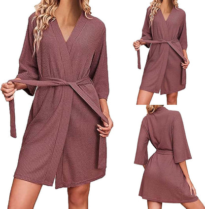Terry Cloth Robe Women Lightweight Waffle Knit Bathrobe Soft Short Sleepwear Casual Knee Length Loungewear