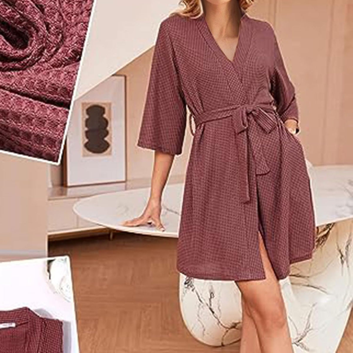 Terry Cloth Robe Women Lightweight Waffle Knit Bathrobe Soft Short Sleepwear Casual Knee Length Loungewear