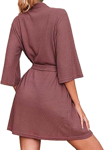 Terry Cloth Robe Women Lightweight Waffle Knit Bathrobe Soft Short Sleepwear Casual Knee Length Loungewear