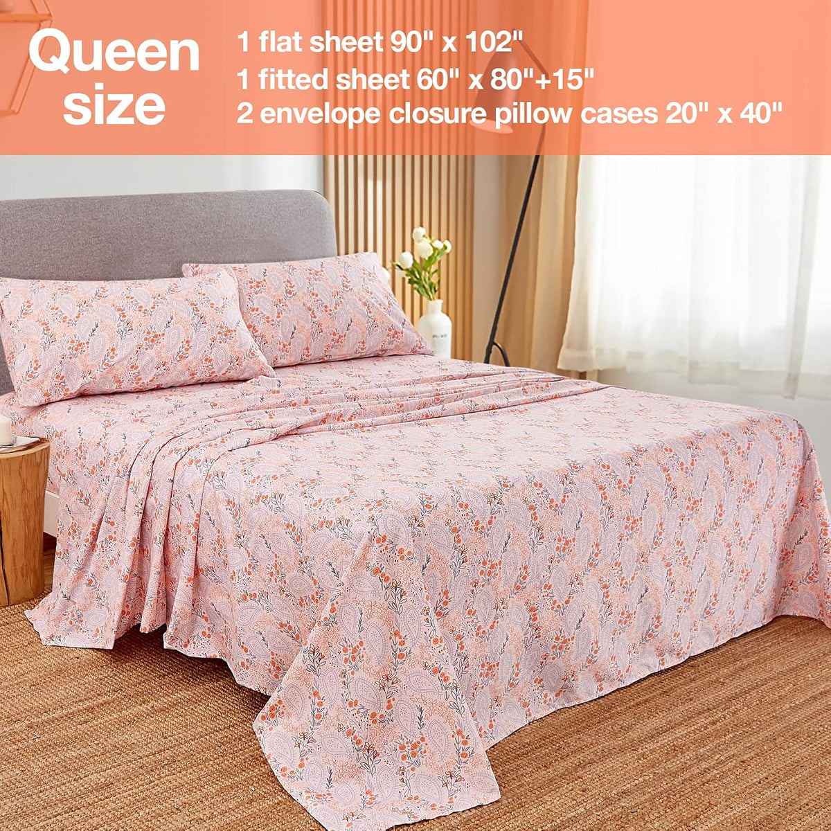 Pink Paisley Floral Printed Queen Sheet Set Extra Deep Pocket