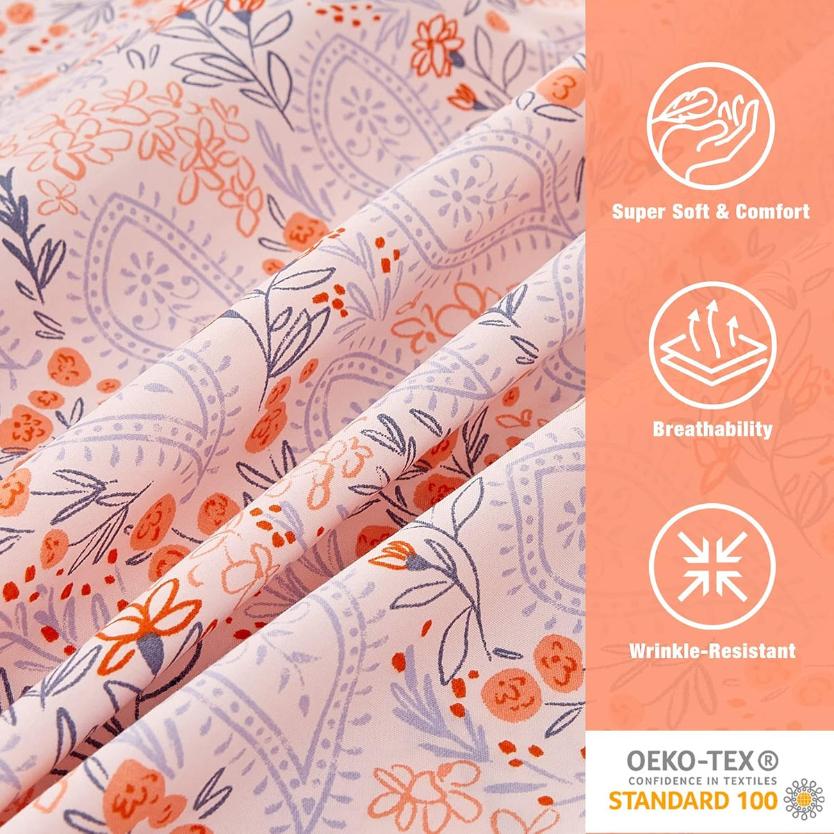 Pink Paisley Floral Printed Queen Sheet Set Extra Deep Pocket