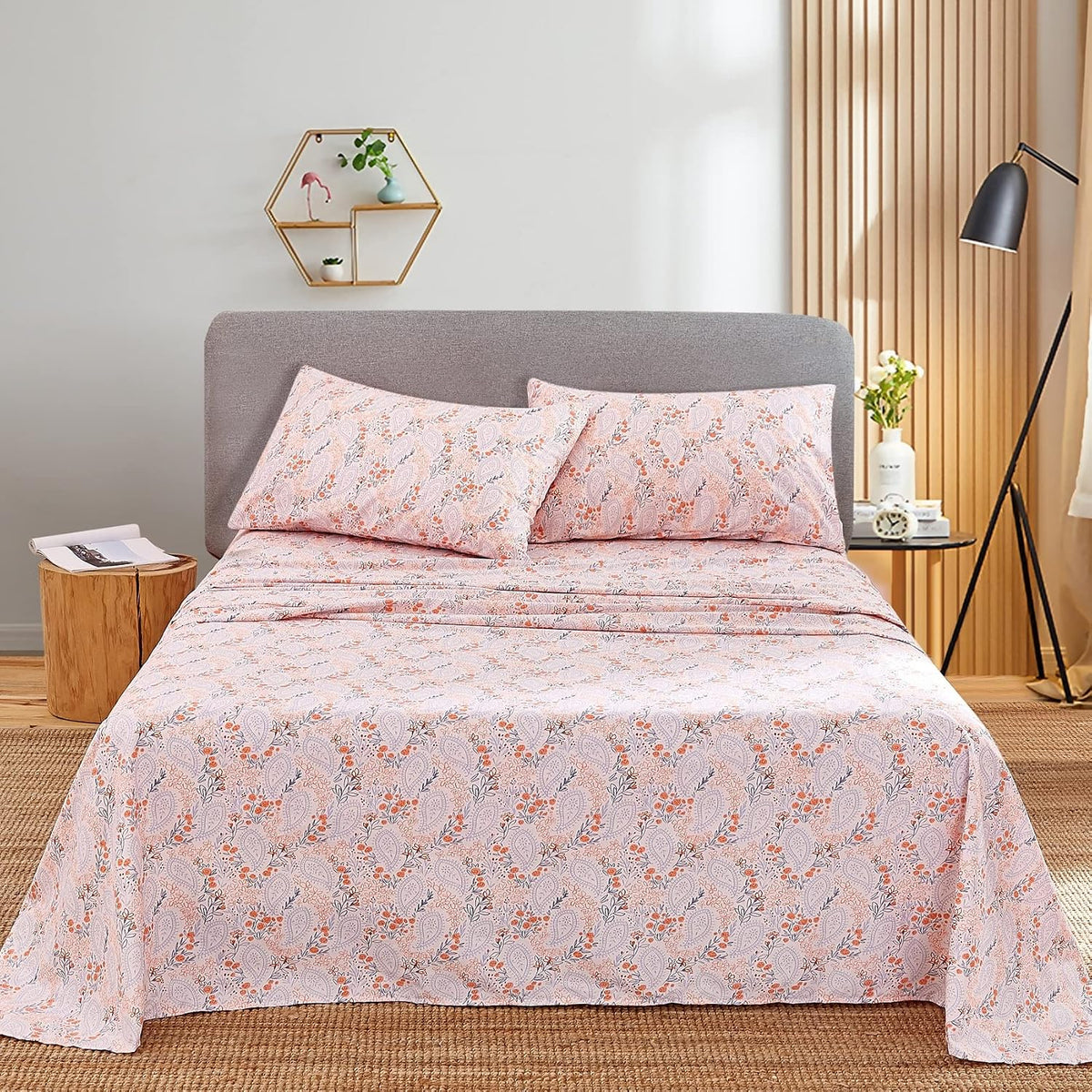 Pink Paisley Floral Printed Queen Sheet Set Extra Deep Pocket