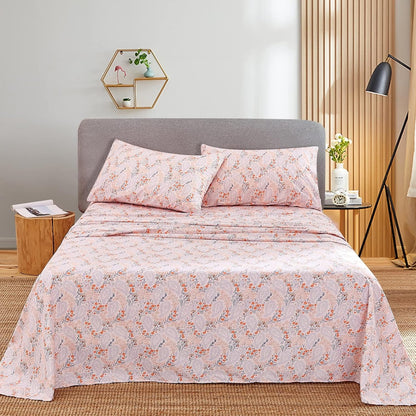 Pink Paisley Floral Printed Queen Sheet Set Extra Deep Pocket