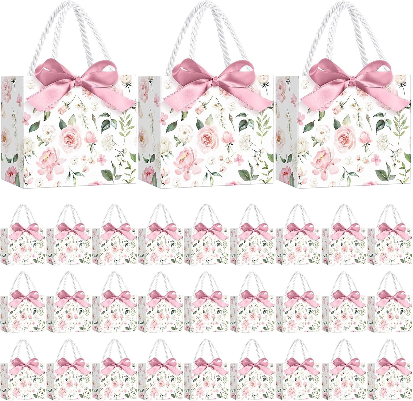 30 Pcs Pink Floral Paper Gift Bags with Ribbon Handles, 5.5 x 4.7 x 2.5 in Medium Decorative Favor Bags for Baby Shower, Bridal Party, Wedding, Birthday, Candy, Snacks and Small Gifts