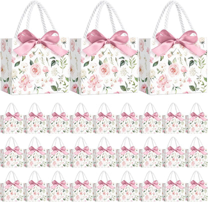 30 Pcs Pink Floral Paper Gift Bags with Ribbon Handles, 5.5 x 4.7 x 2.5 in Medium Decorative Favor Bags for Baby Shower, Bridal Party, Wedding, Birthday, Candy, Snacks and Small Gifts