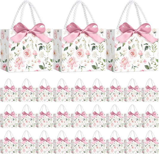 30 Pcs Pink Floral Paper Gift Bags with Ribbon Handles, 5.5 x 4.7 x 2.5 in Medium Decorative Favor Bags for Baby Shower, Bridal Party, Wedding, Birthday, Candy, Snacks and Small Gifts