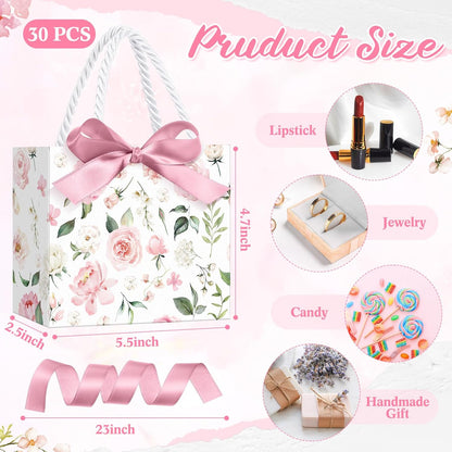 30 Pcs Pink Floral Paper Gift Bags with Ribbon Handles, 5.5 x 4.7 x 2.5 in Medium Decorative Favor Bags for Baby Shower, Bridal Party, Wedding, Birthday, Candy, Snacks and Small Gifts