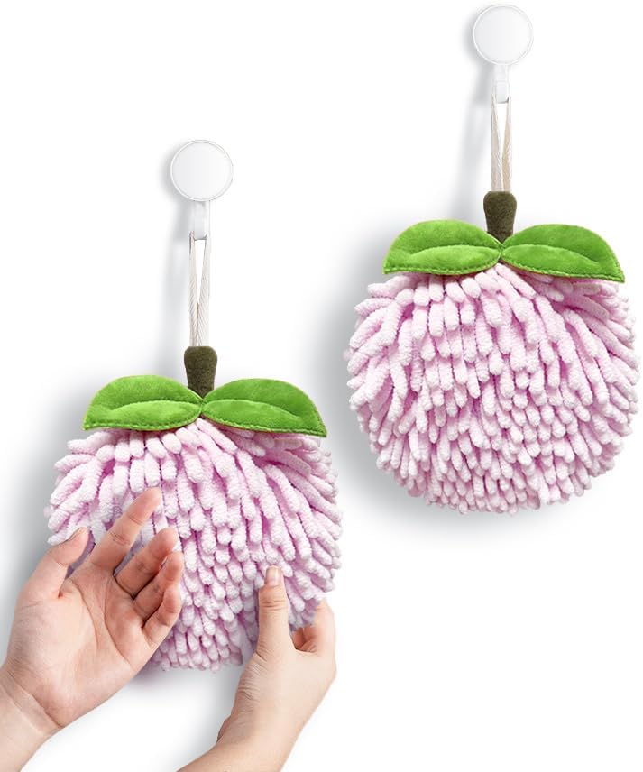 Fuzzy Ball Hand Towels (Set of 2) - Dry Your Hands Instantly and conveniently with This Creative Hand Towel Fruit Themed Decorative Towels for Bathroom (Pack of 2, Pink Peach)