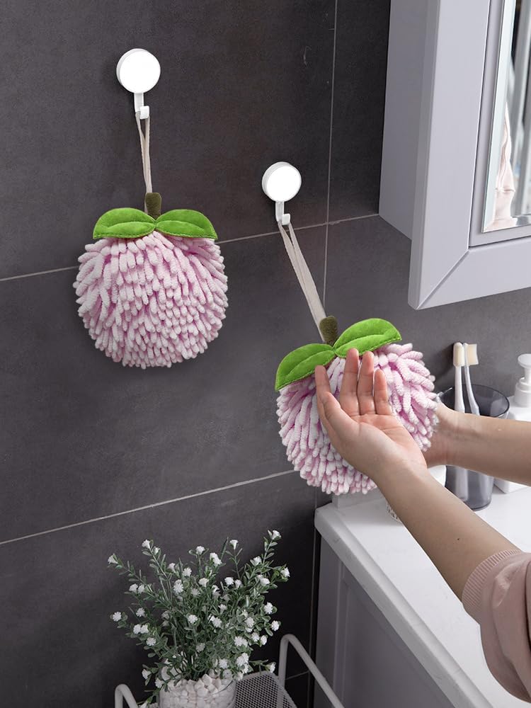 Fuzzy Ball Hand Towels (Set of 2) - Dry Your Hands Instantly and conveniently with This Creative Hand Towel Fruit Themed Decorative Towels for Bathroom (Pack of 2, Pink Peach)