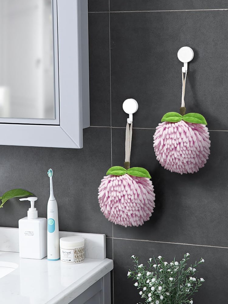 Fuzzy Ball Hand Towels (Set of 2) - Dry Your Hands Instantly and conveniently with This Creative Hand Towel Fruit Themed Decorative Towels for Bathroom (Pack of 2, Pink Peach)