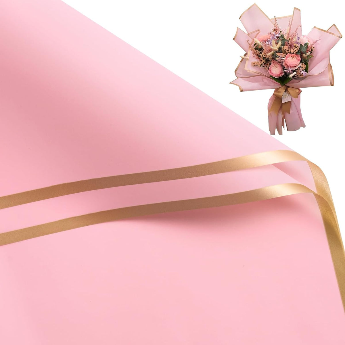 20 Sheets Flower Wrapping Paper - 22.4 x 22.4 inch Gold Trim Pink Water-Resistant Floral Bouquet Wrapping Paper, Florist Supplies Packaging Paper for Wedding Birthday Gift DIY