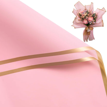 20 Sheets Flower Wrapping Paper - 22.4 x 22.4 inch Gold Trim Pink Water-Resistant Floral Bouquet Wrapping Paper, Florist Supplies Packaging Paper for Wedding Birthday Gift DIY
