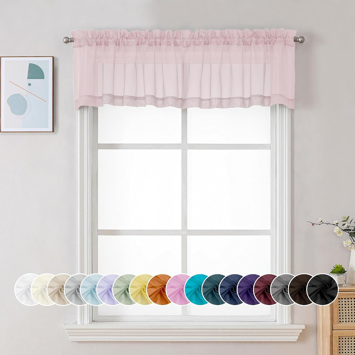 Sheer Valances for Windows, Small Window Curtains for Living Room Bathroom Laundry Basement, Modern Dual Rod Pocket Voile Valance Curtain, 42W x 14L inches, 2 Pcs, Blush Pink