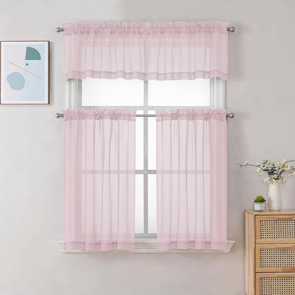 Sheer Valances for Windows, Small Window Curtains for Living Room Bathroom Laundry Basement, Modern Dual Rod Pocket Voile Valance Curtain, 42W x 14L inches, 2 Pcs, Blush Pink