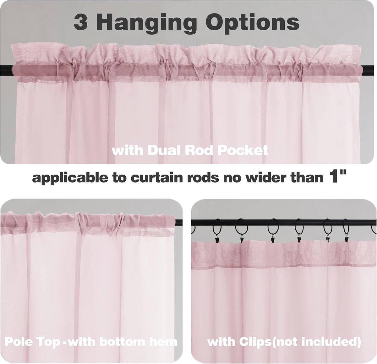 Sheer Valances for Windows, Small Window Curtains for Living Room Bathroom Laundry Basement, Modern Dual Rod Pocket Voile Valance Curtain, 42W x 14L inches, 2 Pcs, Blush Pink