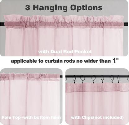 Sheer Valances for Windows, Small Window Curtains for Living Room Bathroom Laundry Basement, Modern Dual Rod Pocket Voile Valance Curtain, 42W x 14L inches, 2 Pcs, Blush Pink
