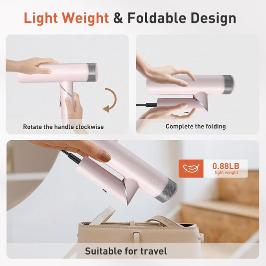 Foldable Hair Dryer, 110K RPM High-Speed Ionic Blow Dryer, Pink