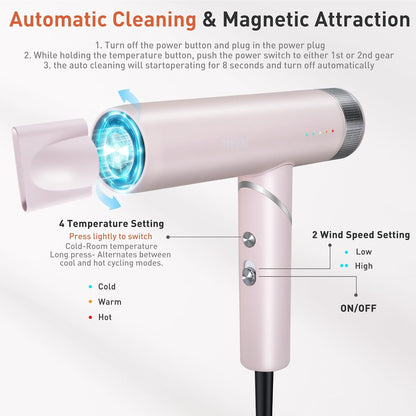 Foldable Hair Dryer, 110K RPM High-Speed Ionic Blow Dryer, Pink