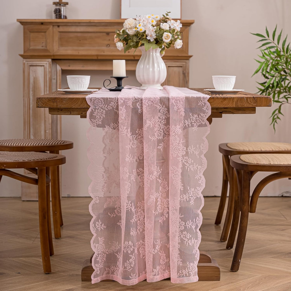 Pink Lace Table Runner with Floral Embroidered (1pcs, 28”x118”)