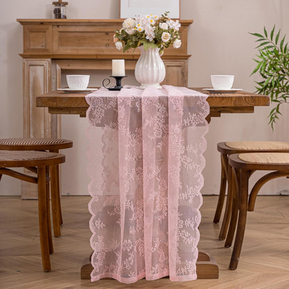 Pink Lace Table Runner with Floral Embroidered (1pcs, 28”x118”)