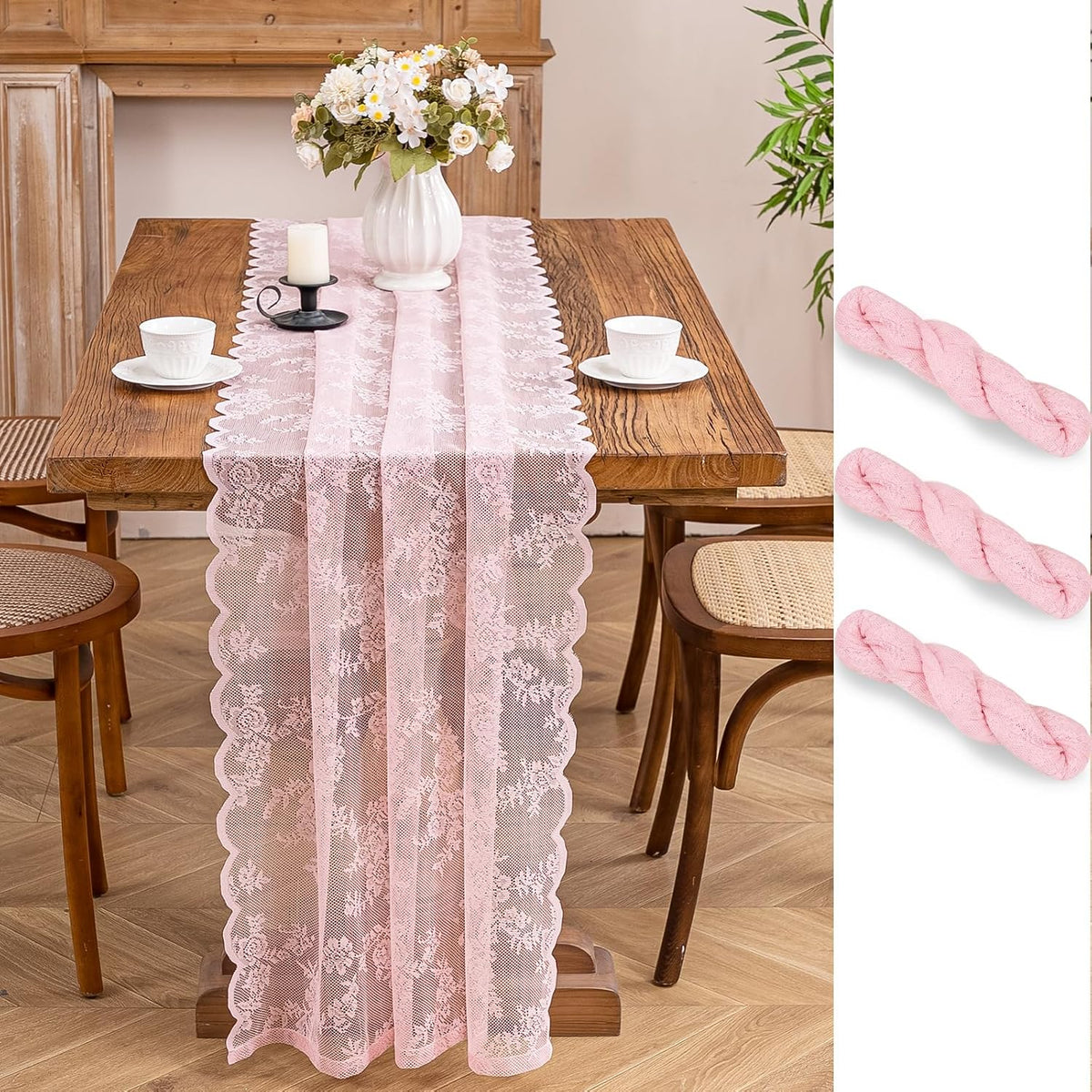 Pink Lace Table Runner with Floral Embroidered (1pcs, 28”x118”)