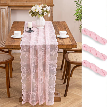 Pink Lace Table Runner with Floral Embroidered (1pcs, 28”x118”)