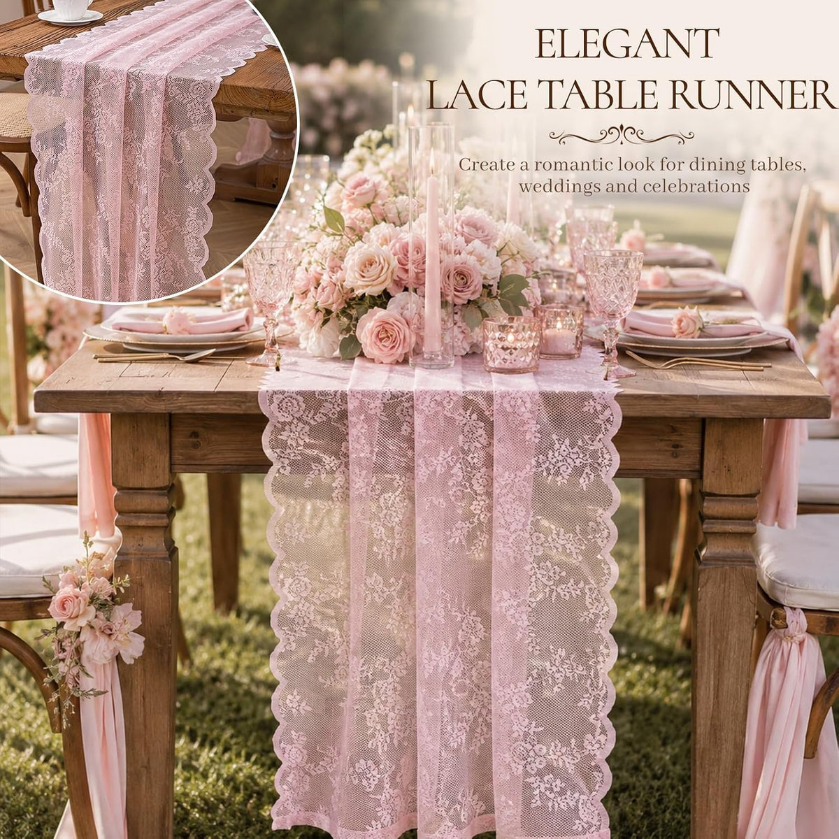 Pink Lace Table Runner with Floral Embroidered (1pcs, 28”x118”)