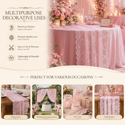Pink Lace Table Runner with Floral Embroidered (1pcs, 28”x118”)