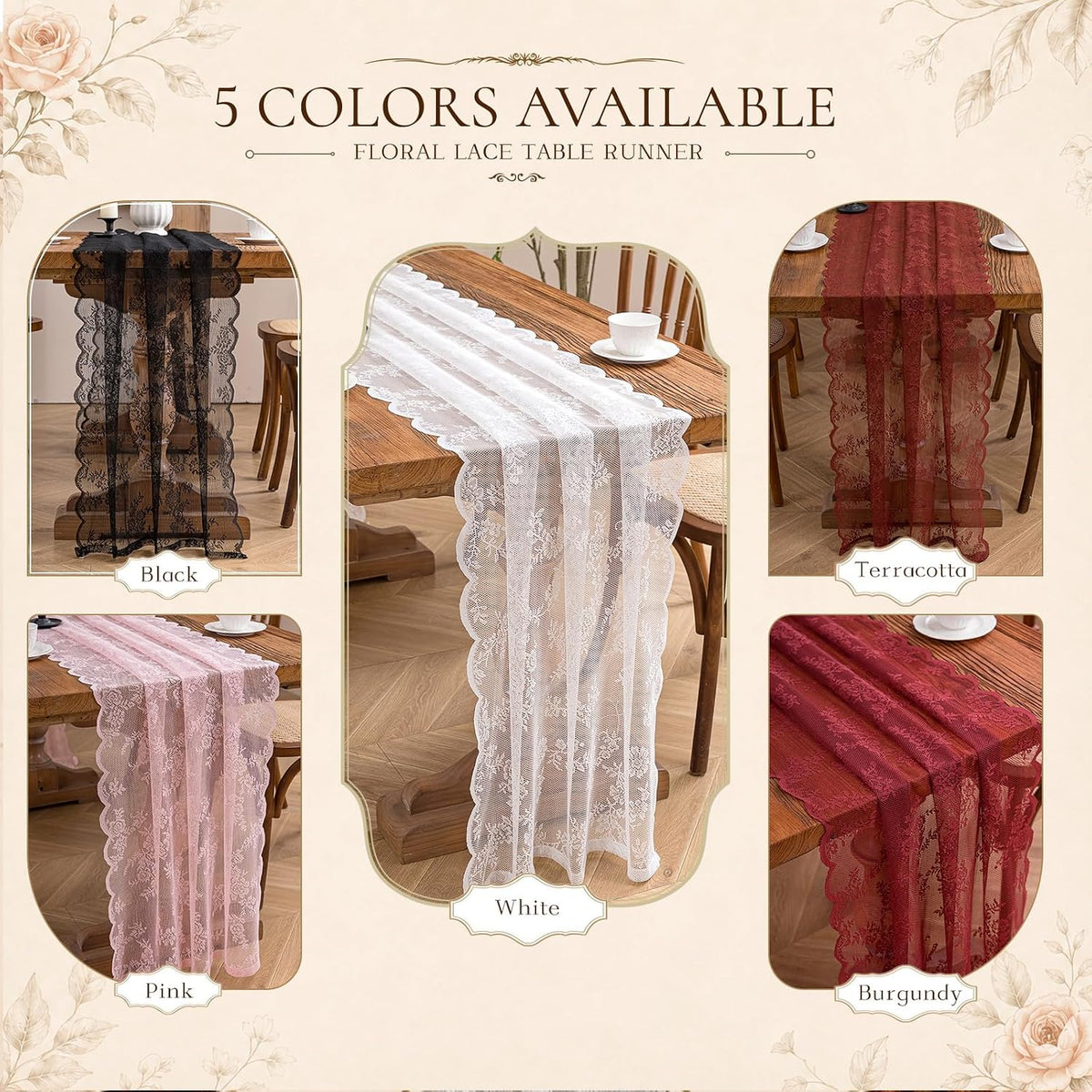 Pink Lace Table Runner with Floral Embroidered (1pcs, 28”x118”)